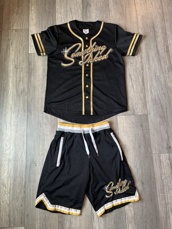 Something Inked Other - Something Inked Baseball Jersey Shorts Set Black Gold Size S Small Buttons Shirt